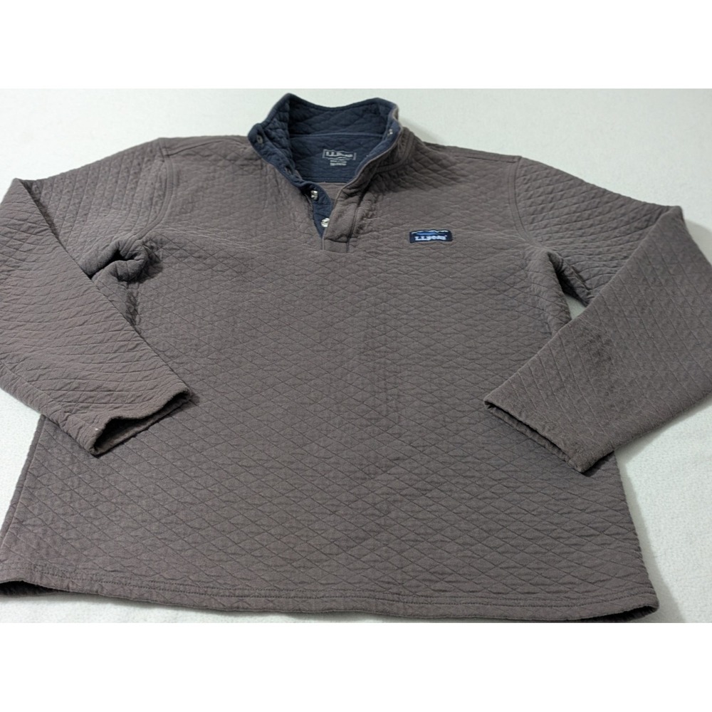 LL Bean Mens Gray Snap Up Diamond Quilted Sweatshirt Mockneck Pullover Sz Medium